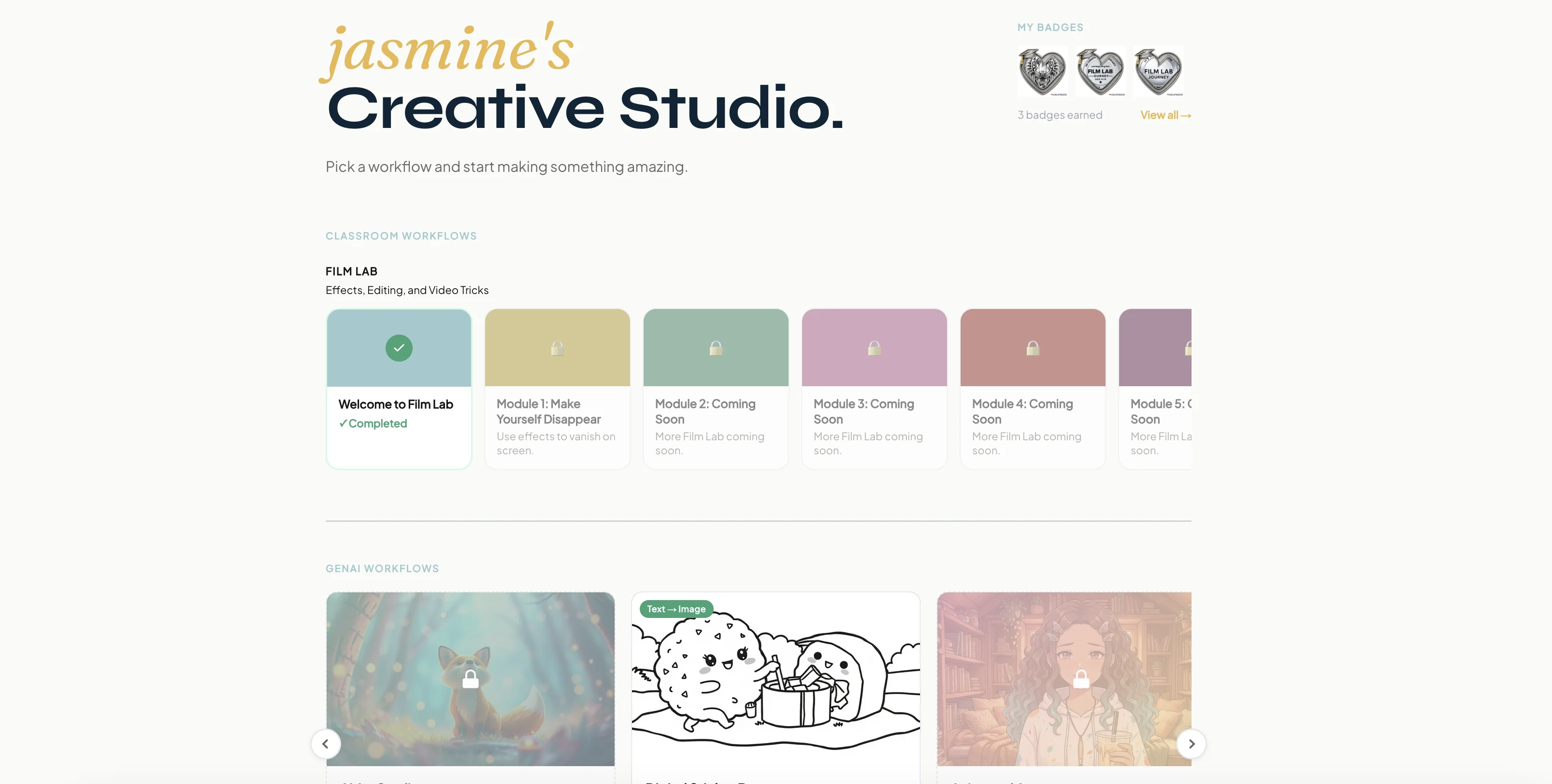 Student portal — project progress and creative tools