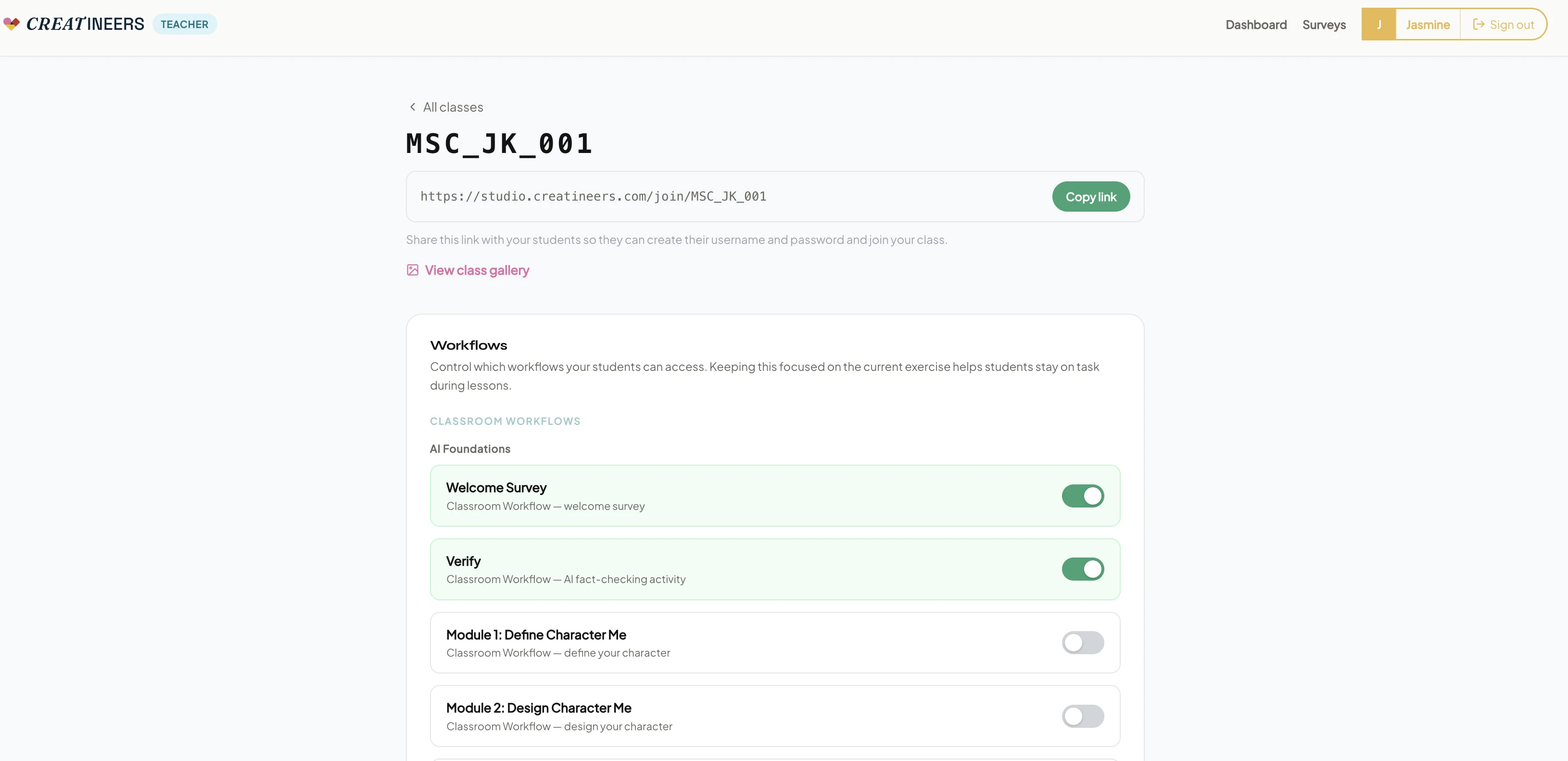 CREATINEERS Studio — teacher view